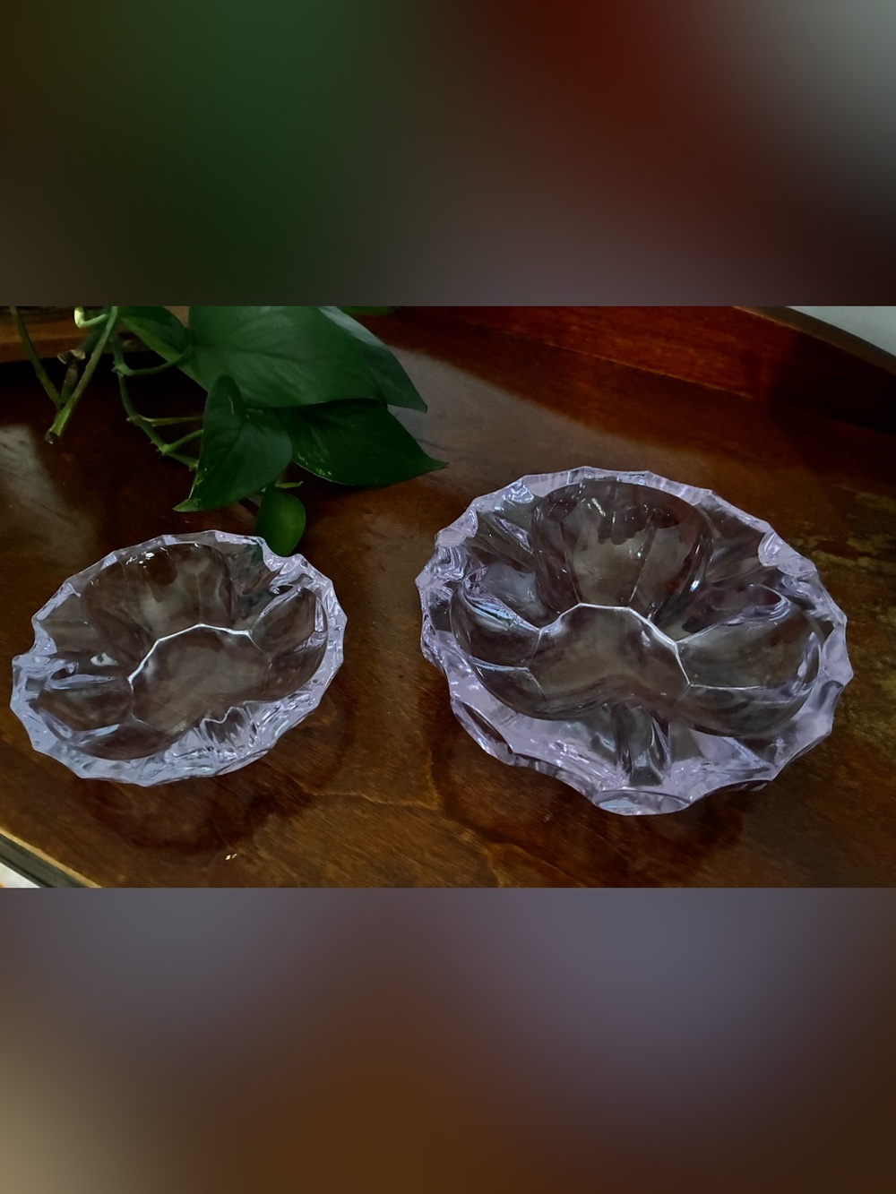 Vintage Tiffin Glass Alexandrite Purple Clover Leaf Ash Tray Set